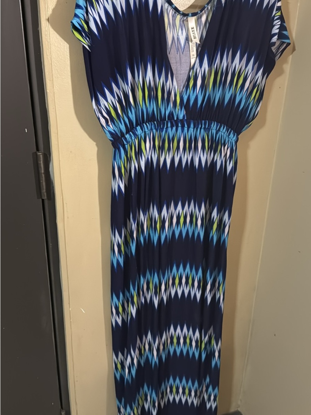 Navy Geometric V-Neck Maxi Dress with Elastic Waist